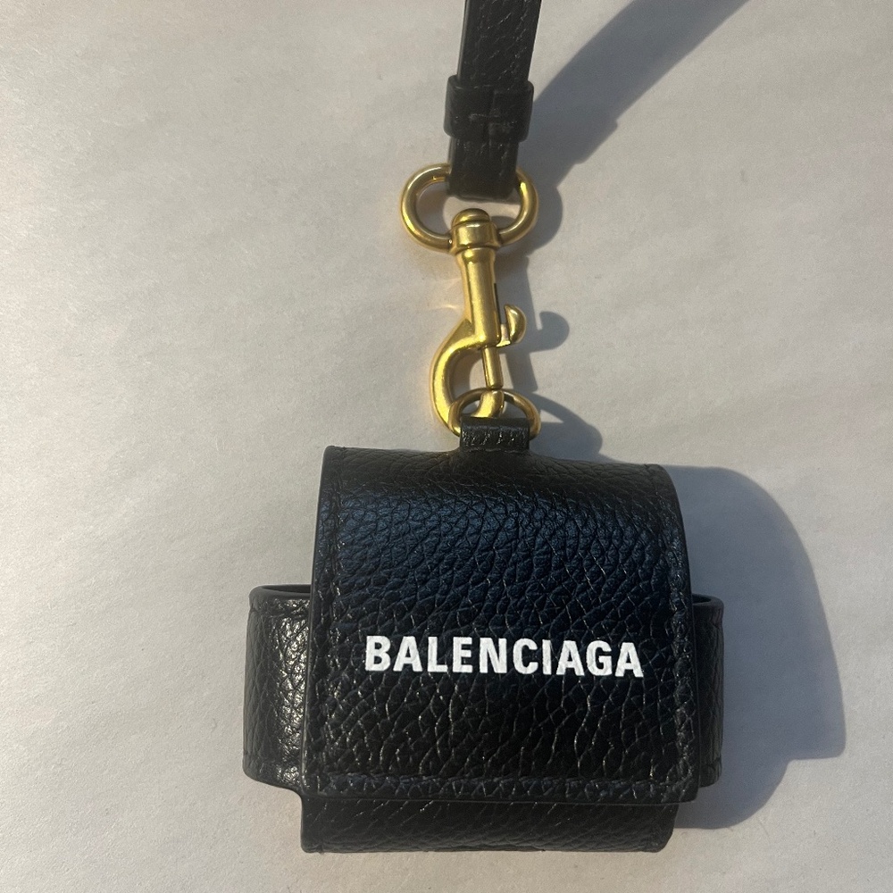 Balenciaga Large EarPods Pro Case Black Logo Leather Holder with Lanyard - Picture 2 of 12